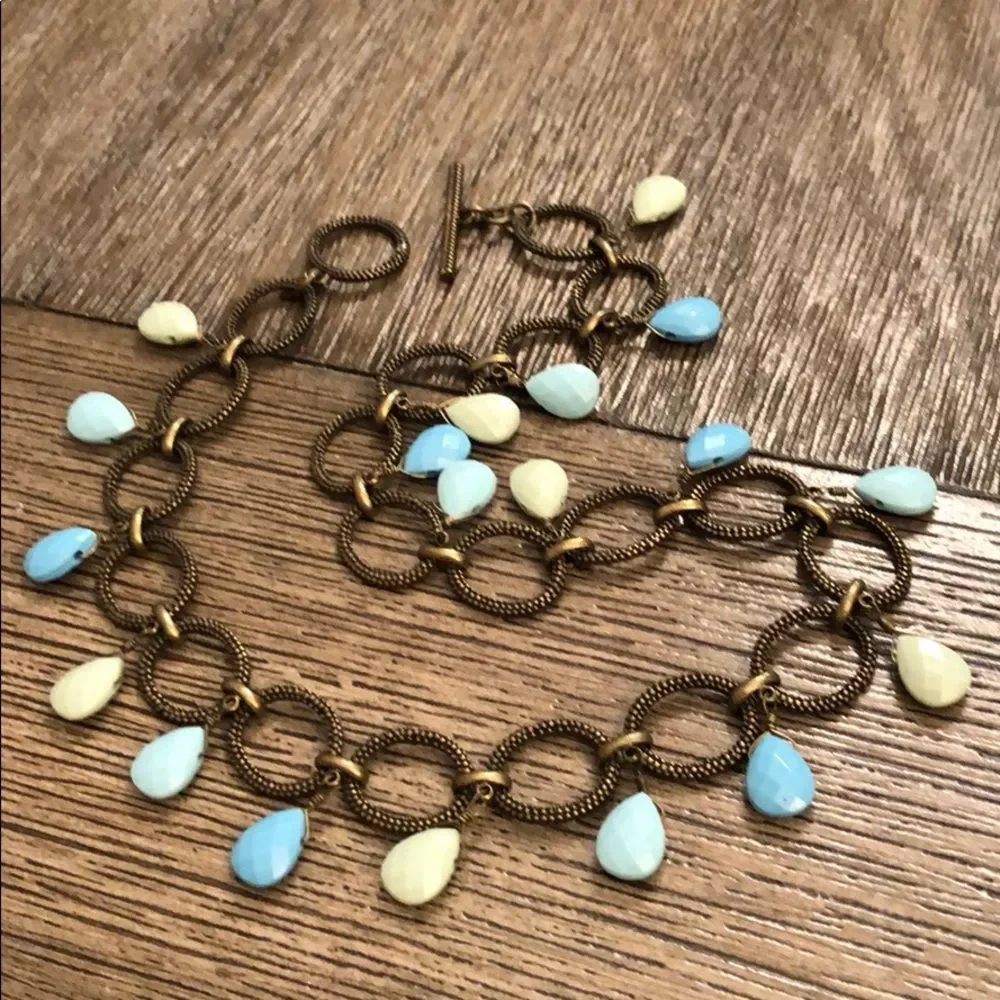 Premier Designs Caribbean Antique Goldtone - Bronze Chain Necklace Blue Beads